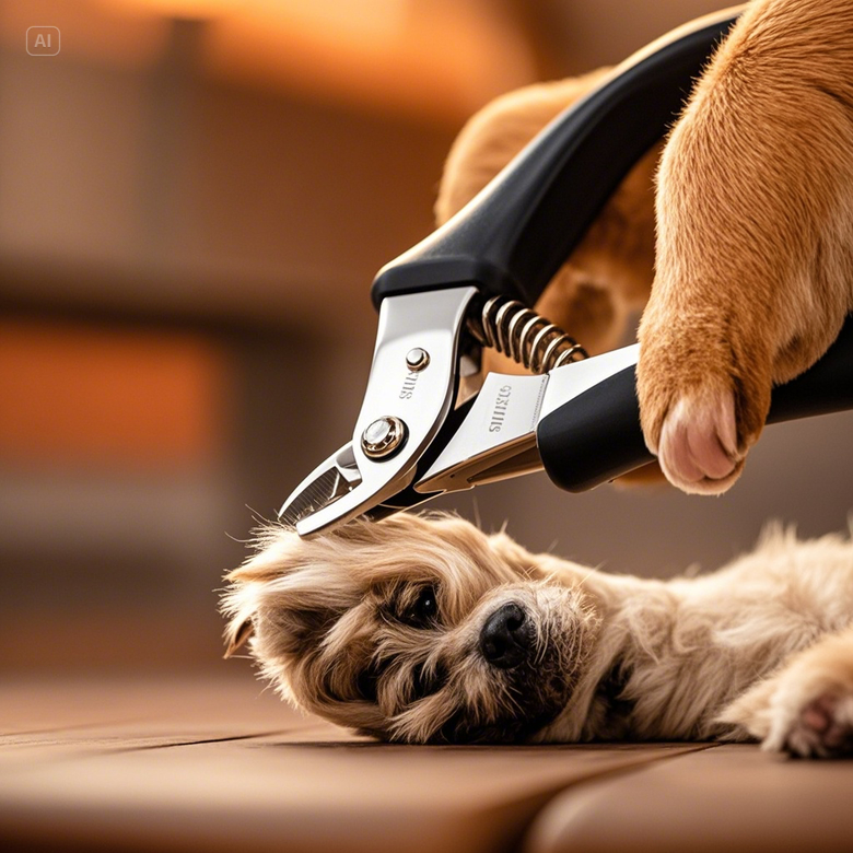 a dog with a clipper on its paw