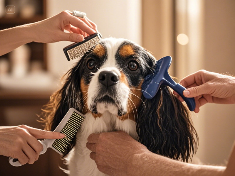 a dog being groomed by a person