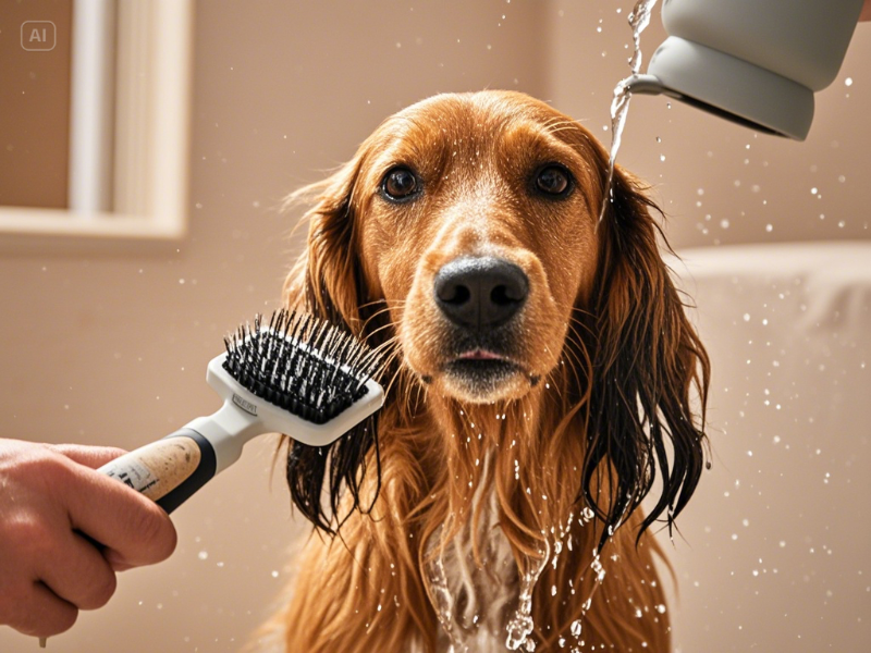 a dog being washed by a brush