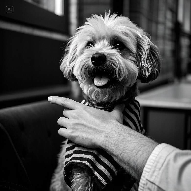 a person pointing at a dog