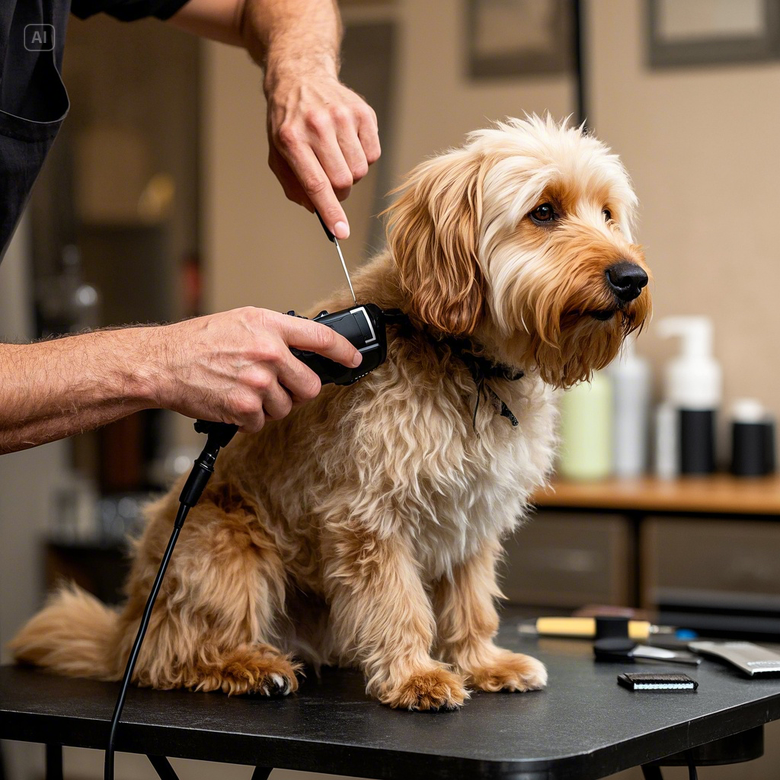 a dog being groomed by a man