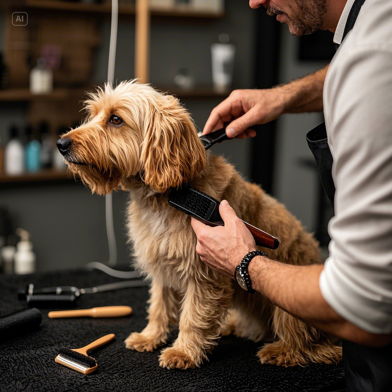 a man brushing a dog