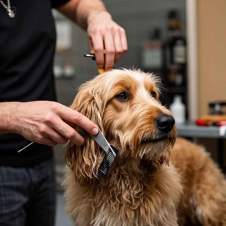 a person brushing a dog's hair