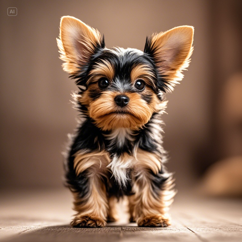 a small dog standing on a wood floor