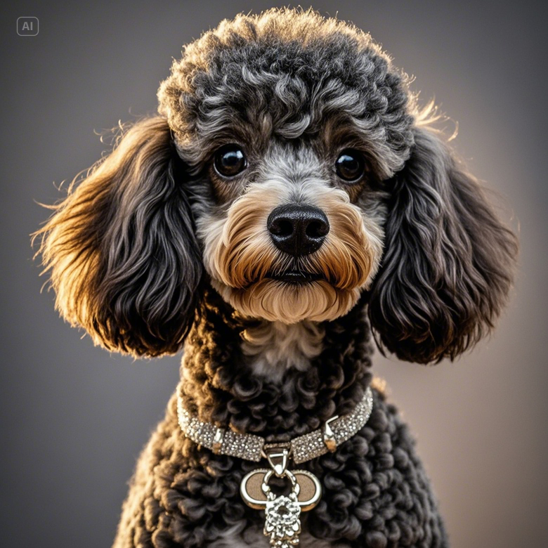 a dog with curly hair and a necklace