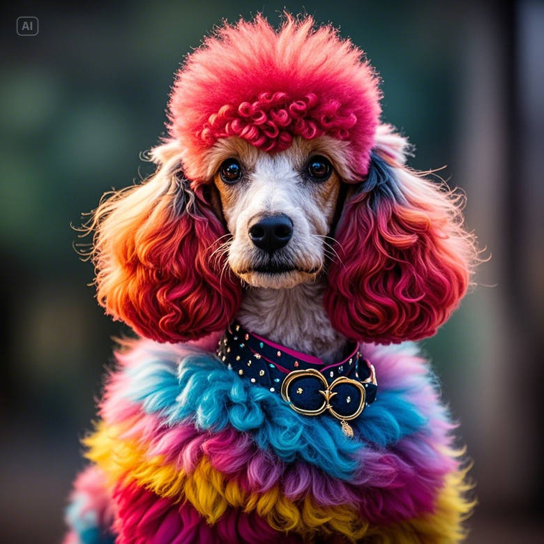 a dog wearing a colorful outfit